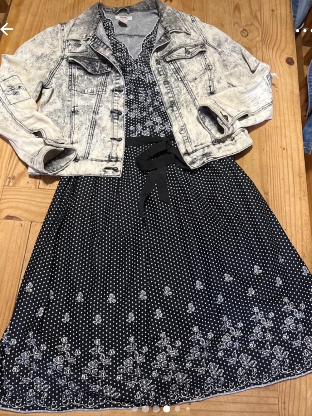 NWT Notations Black Polka Dot Midi Dress with White Floral Embroidery DRESS ONLY
